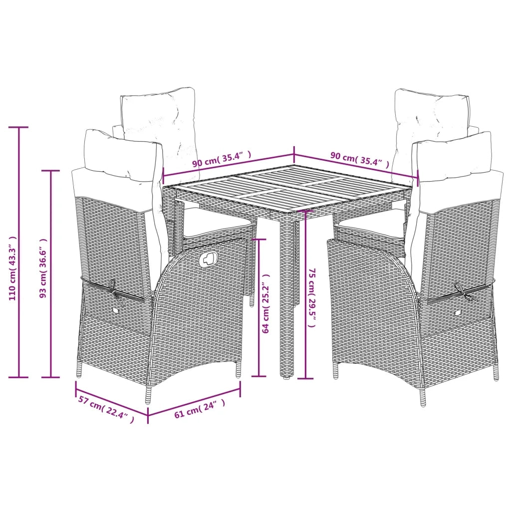 Set da Pranzo da Giardino 5 pz Nero con Cuscini in Polyrattan 3213086