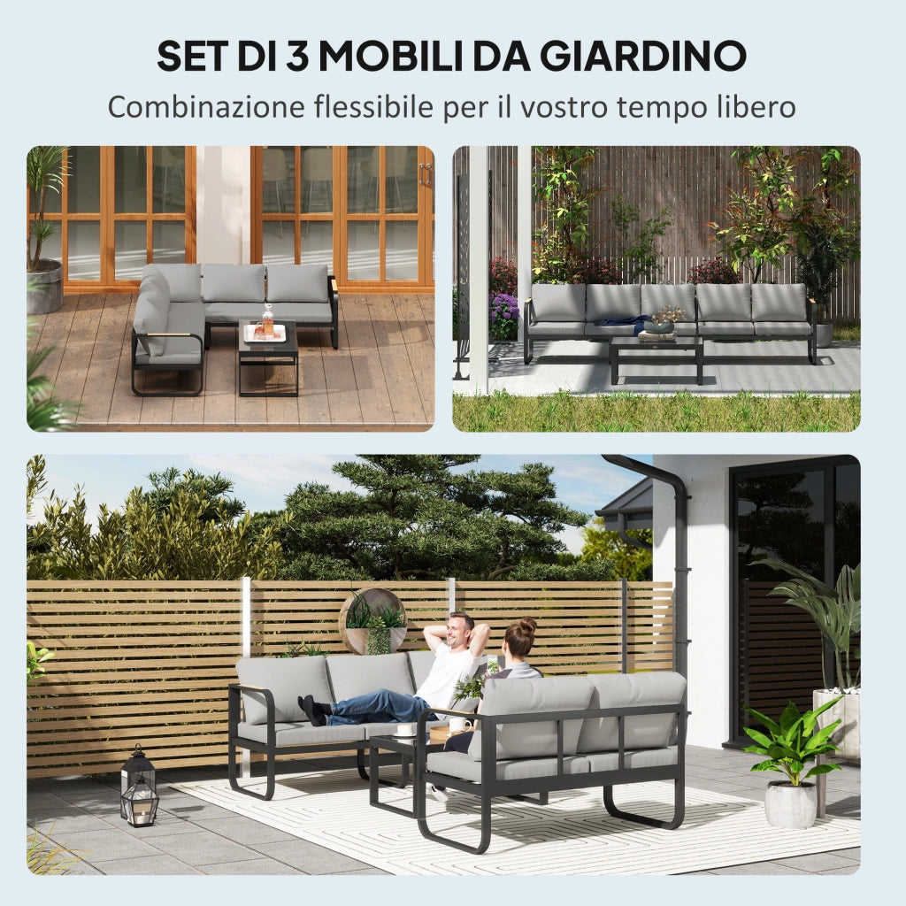 Set Giardino 3 Pezzi con Divano Letto 3 Posti, Divano 2 Posti e Tavolino ¨C Minimal ¨C Grigio e Nero