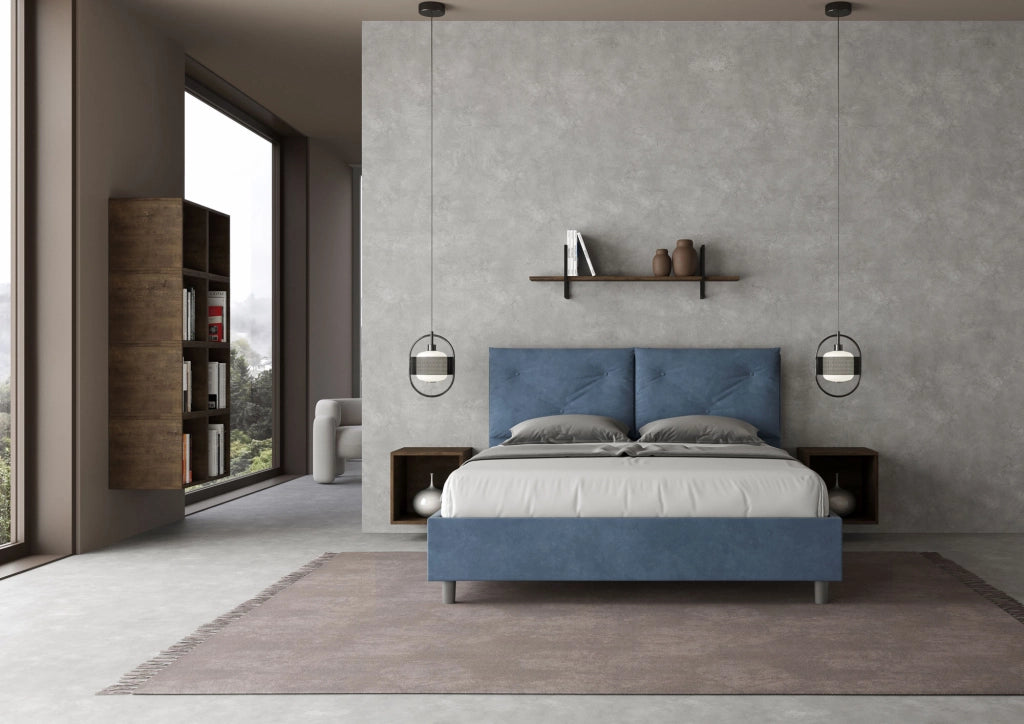 BS COM Letto matrimoniale contenitore doppia alzata imbottito 160x210 microfibra blu