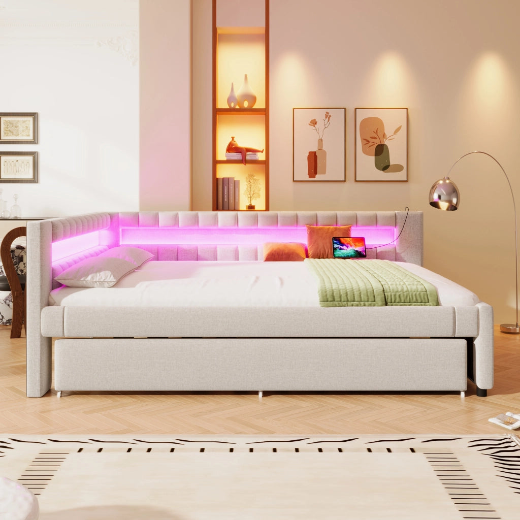 Daybed in lino beige 140x200 con LED telecomandato e letto estraibile USB/Type-C