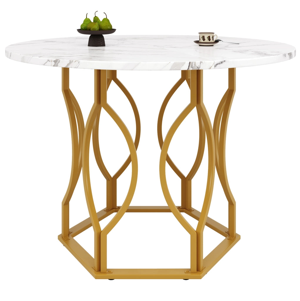Tavolo da pranzo rotondo 100x100x76 cm in MDF e metallo; bianco e oro