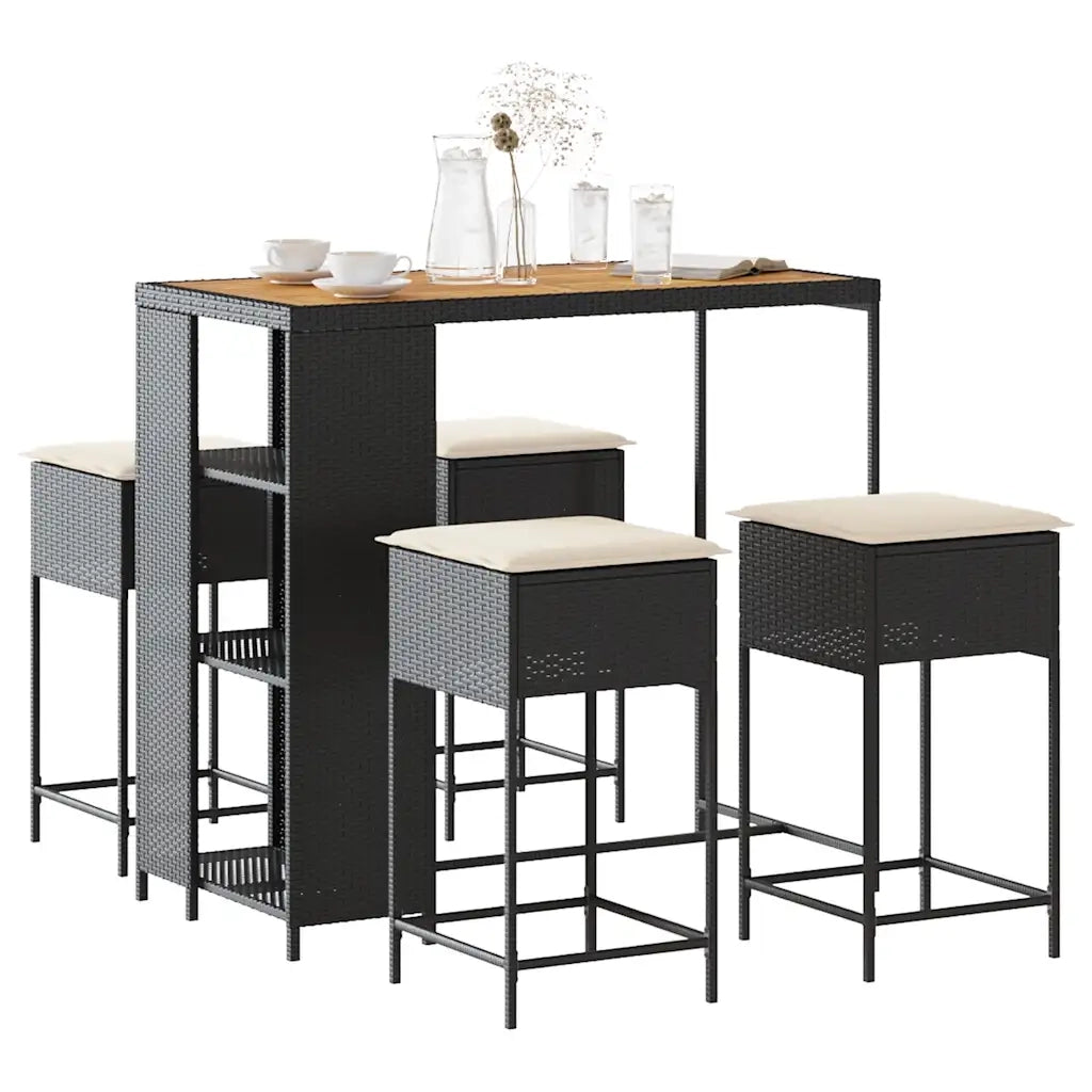 Set Bar da Giardino 5 pz | Set Salotto da Giardino con Cuscini in Polyrattan Nero
