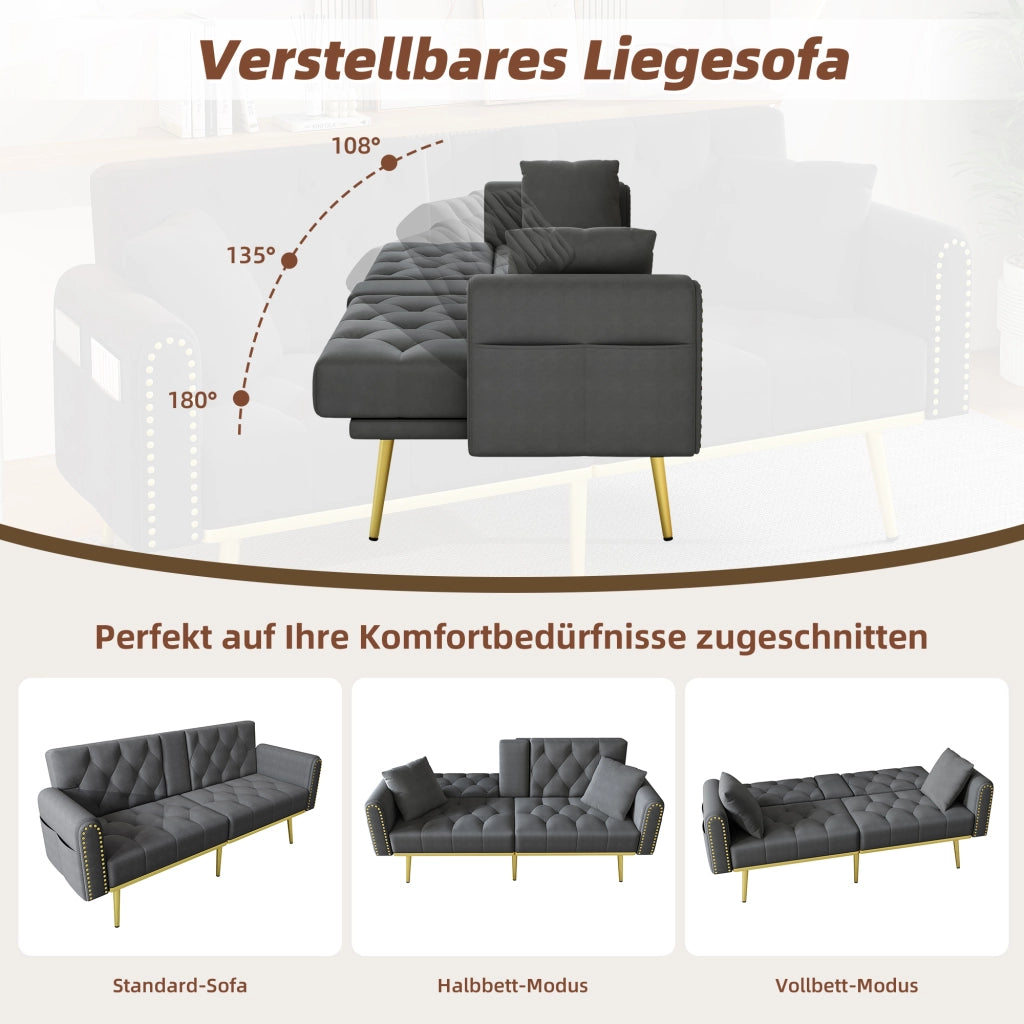 DIVANO LETTO multifunzione 175x80x73,5 cm velluto grigio con 2 cuscini