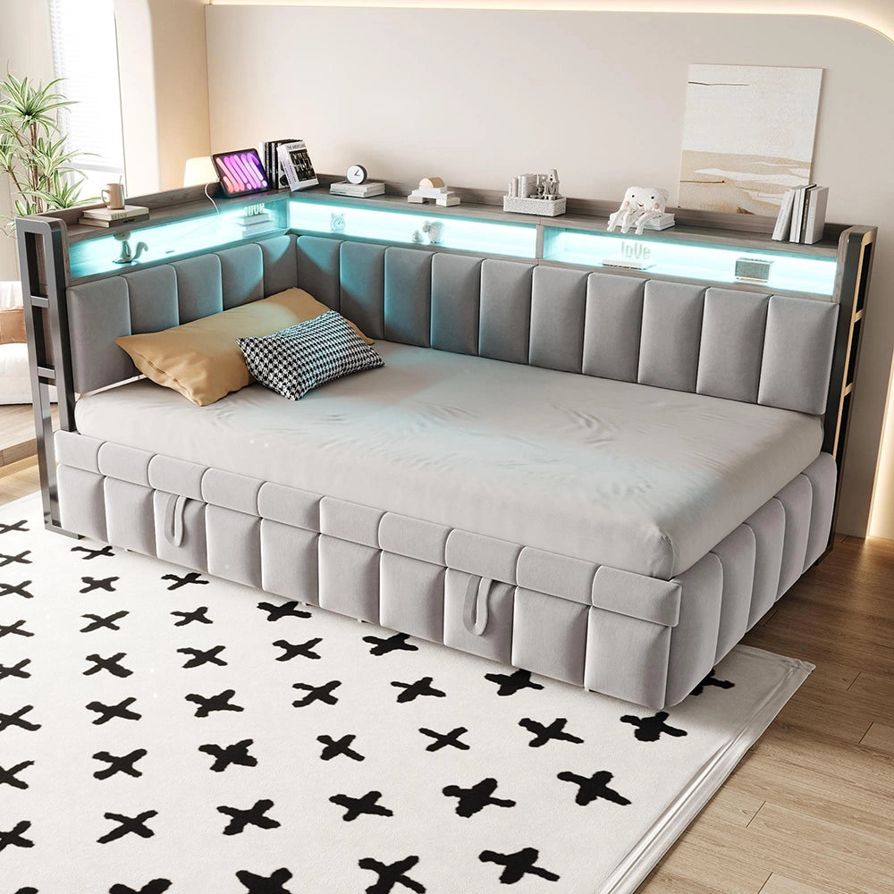 Divano letto 90x200cm?- Xylo - gigogne LED USB velluto grigio chiaro