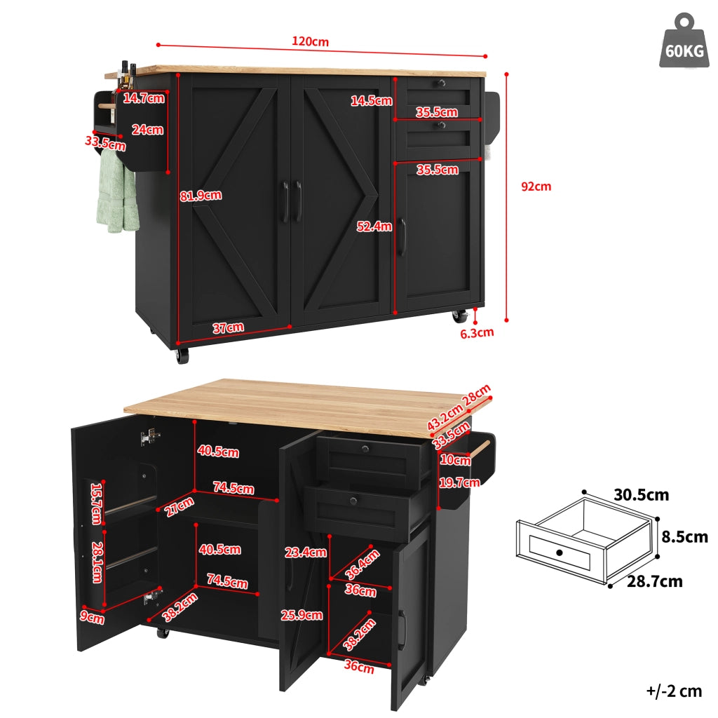 CARRELLO CUCINA MULTIFUNZIONALE 120x43,2x92 cm MDF Nero