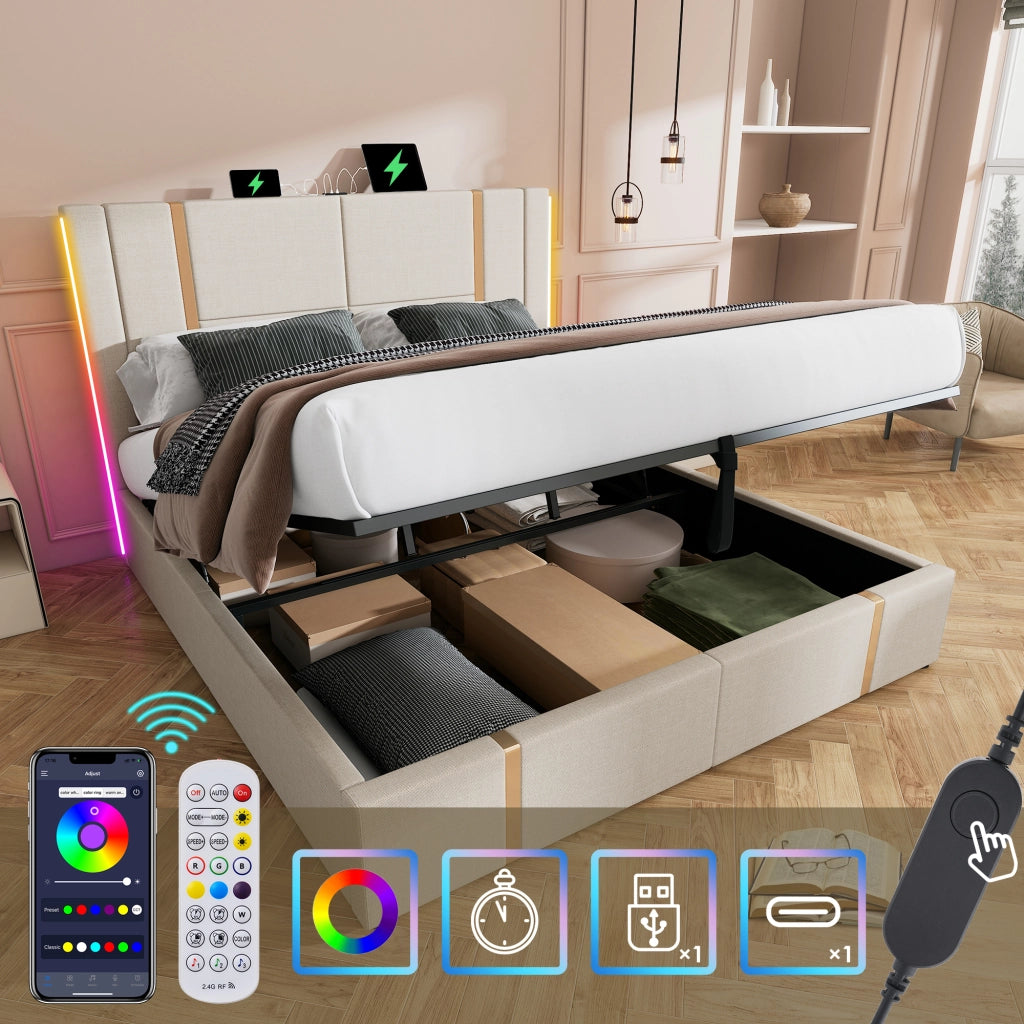 LETTO Matrimoniale 160x200 cm in lino beige con LED, USB e porta Type-C