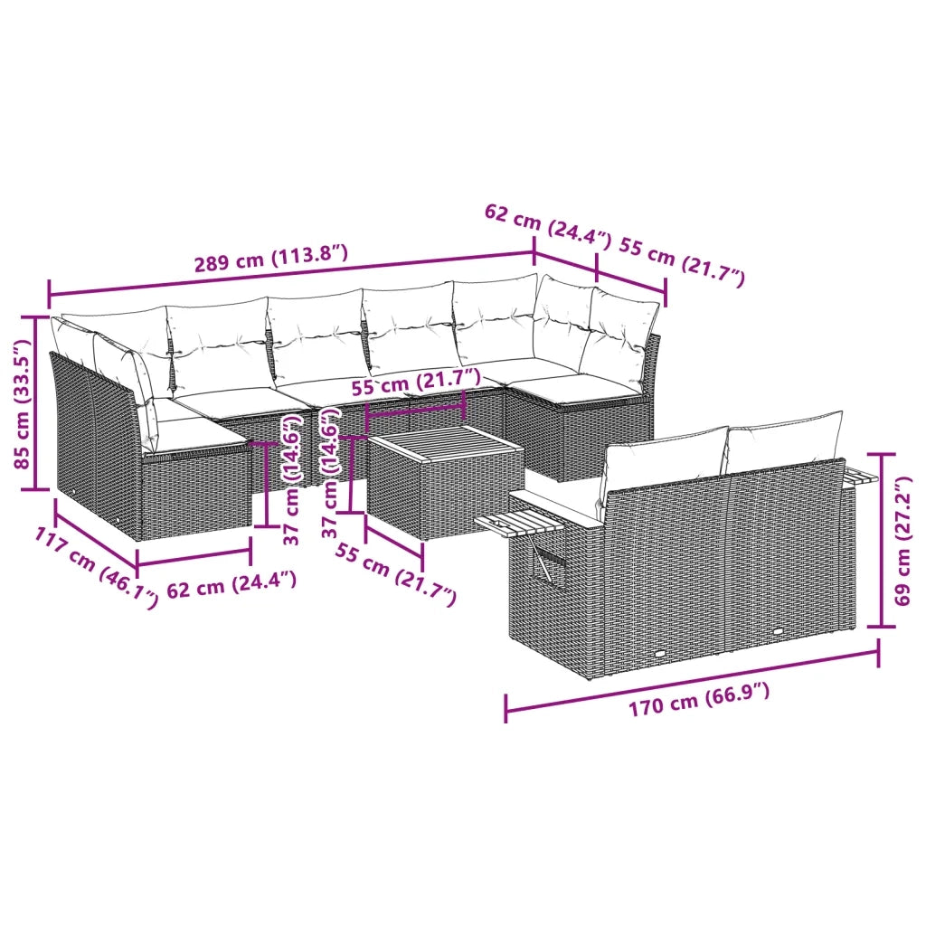 Set Divano da Giardino 10 pz con Cuscini Beige in Polyrattan