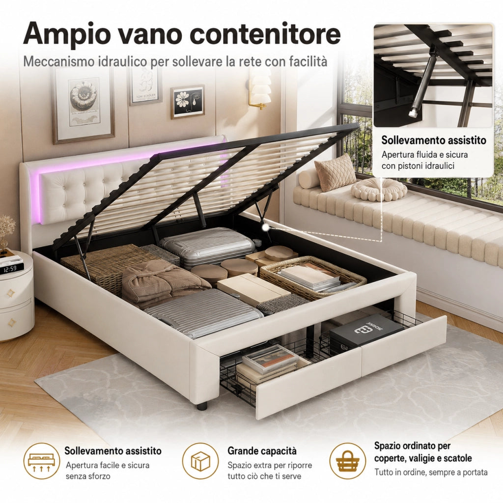 Letto matrimoniale contenitore idraulico 140x190 cm, imbottito velluto beige, testiera LED RGB telecomandata, 2 cassetti, 350kg