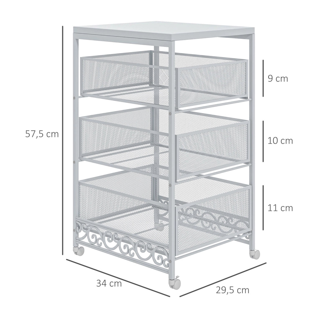 Carrello multiuso 3 ripiani con ruote e cestini ¨C Xylo ¨C Bianco 34x29,5x57,5cm