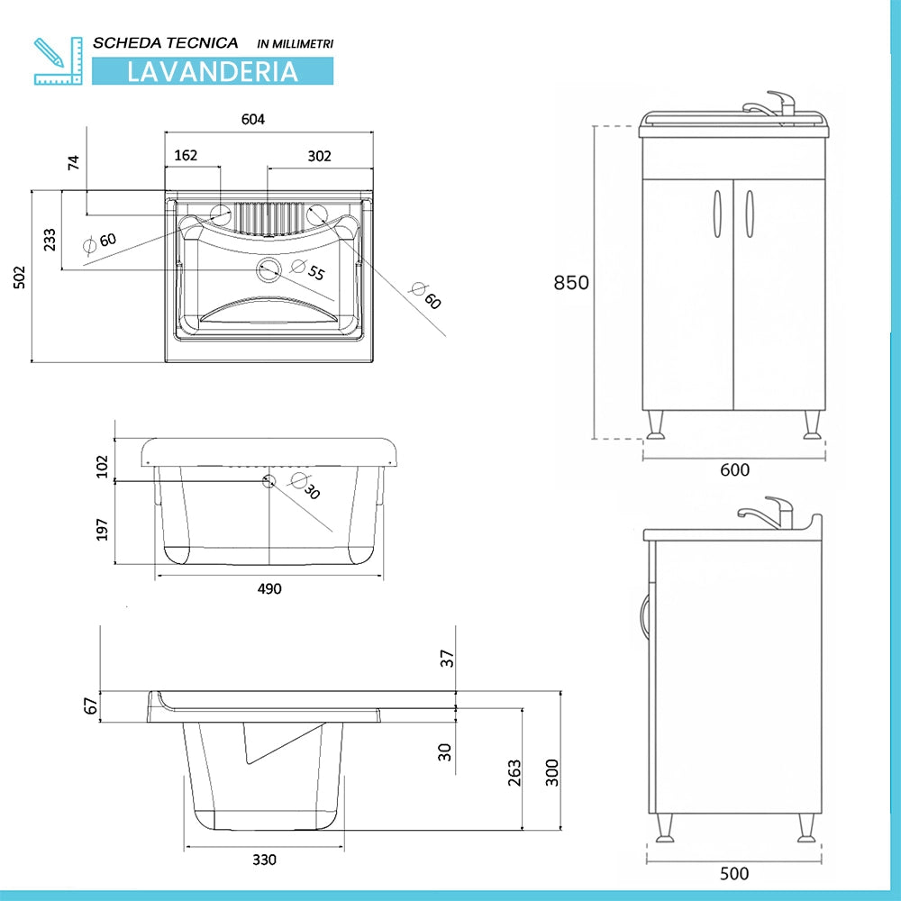 Set lavanderia con lavatoio base e pensile in legno bianco Fedra