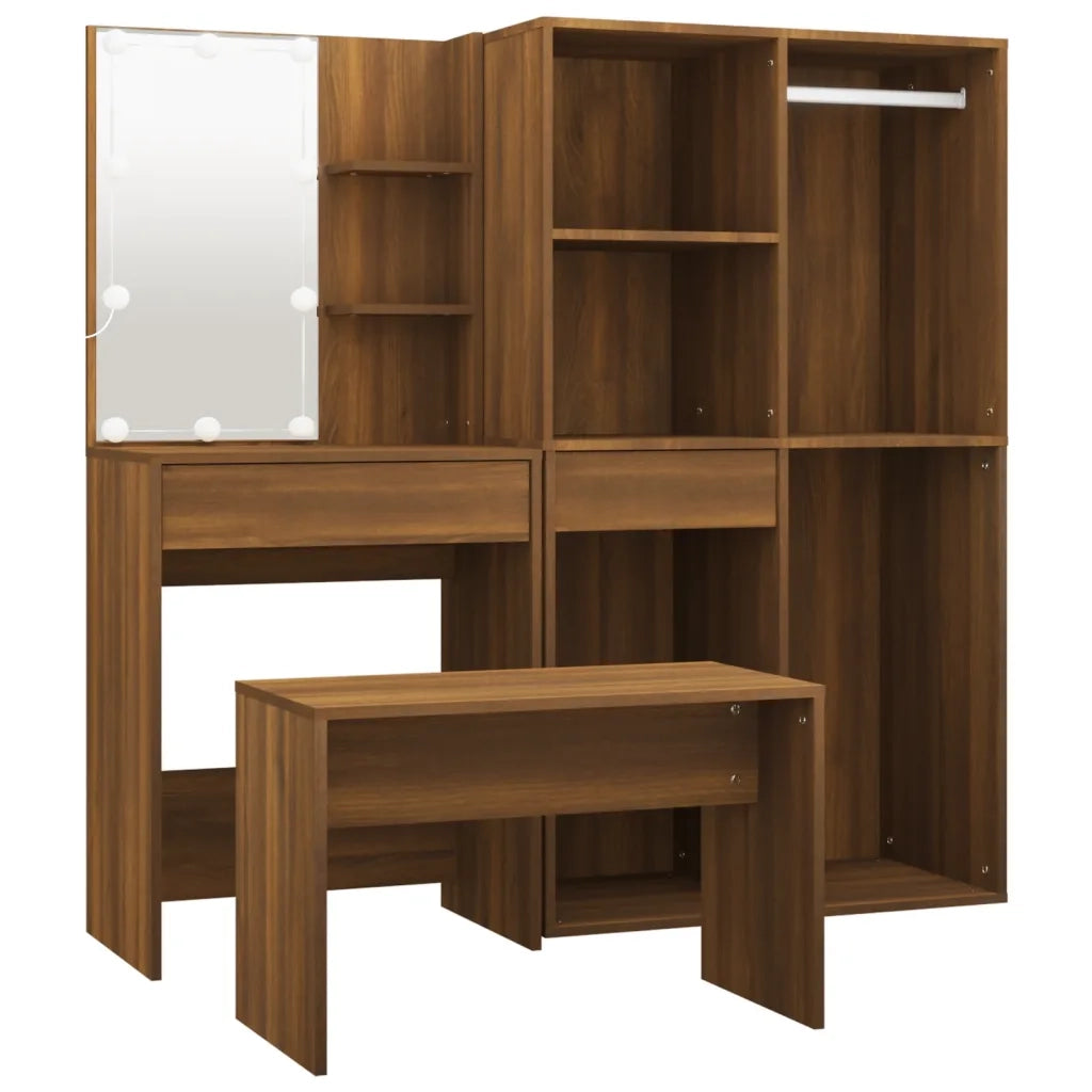 Set Tavolo da Toeletta con LED Rovere Marrone Legno Multistrato