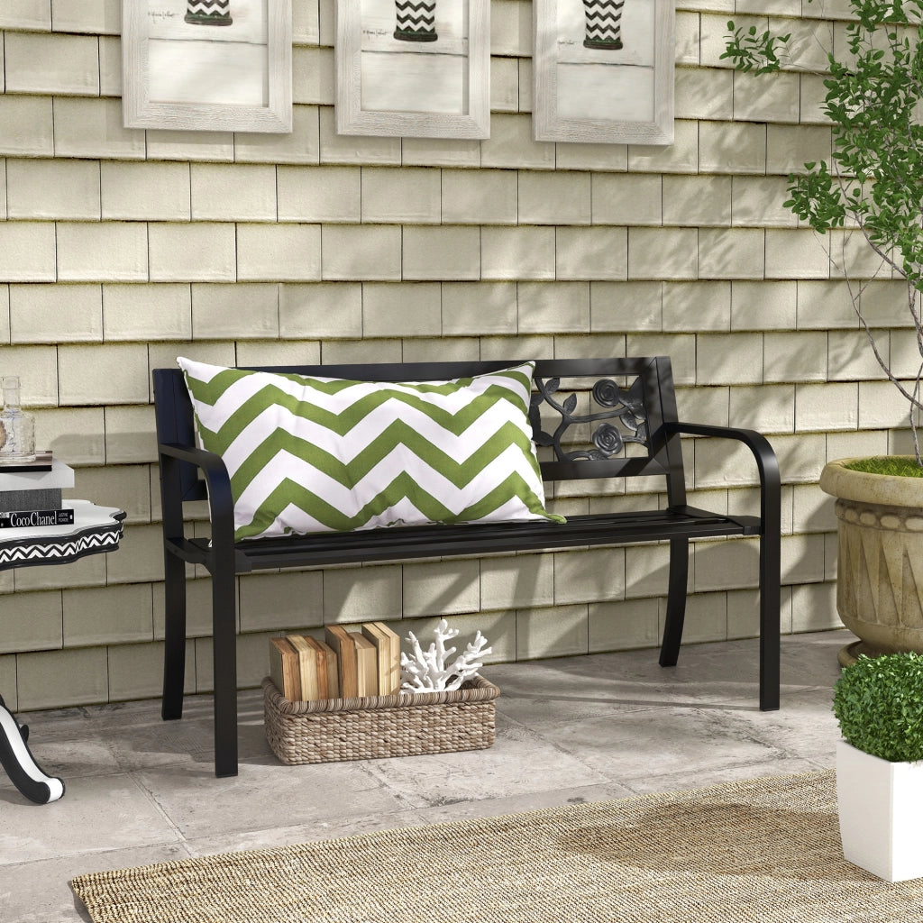 Panchina da Giardino 2 Posti in Acciaio con Schienale Decorato e Braccioli, 127x50x75cm, Nero