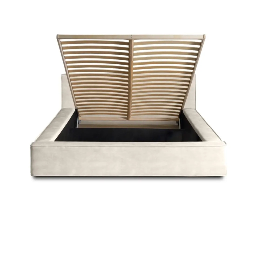 Letto contenitore VELORA – Perla – 180x200 cm – Tessuto velluto morbido – Rete sollevabile – Spazio di archiviazione integrato
