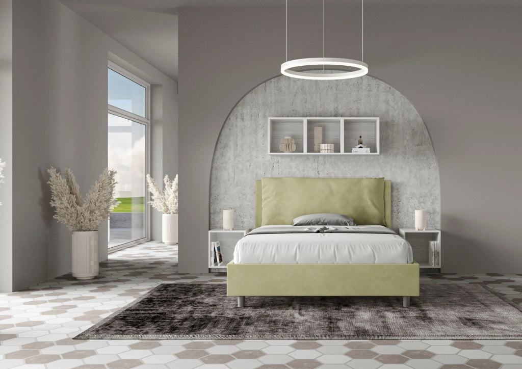 BS COM Letto matrimoniale francese senza rete imbottito 140x200 microfibra tè verde Large