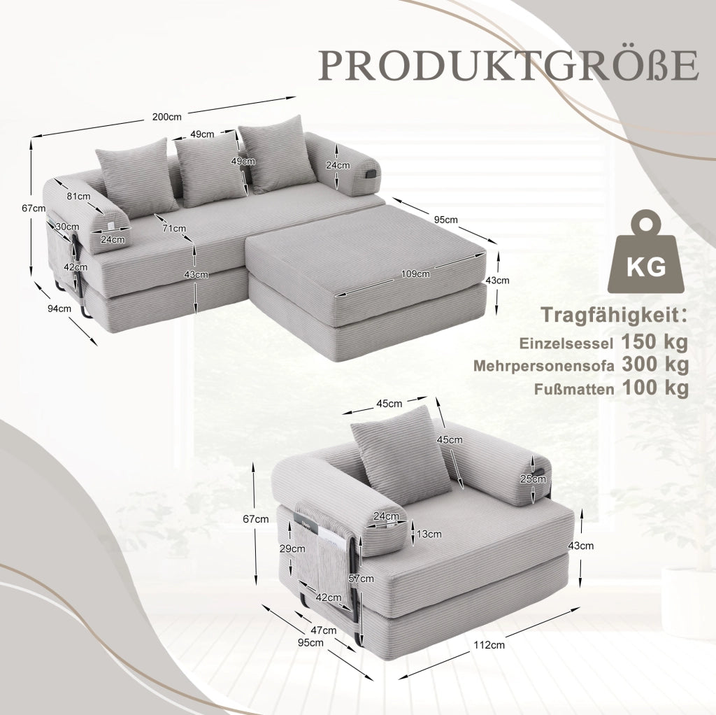 Divano modulare in tessuto a coste grigio chiaro 200x94x67 cm con pouf