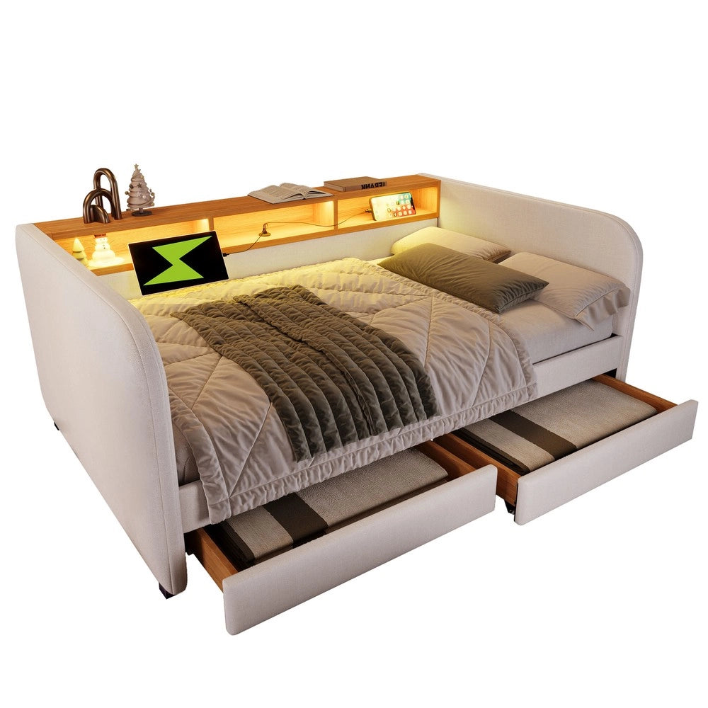 Letto Imbottito Contenitore con LED e 2 Cassetti ¨C Xylo ¨C Tessuto Beige Chiaro 140x190