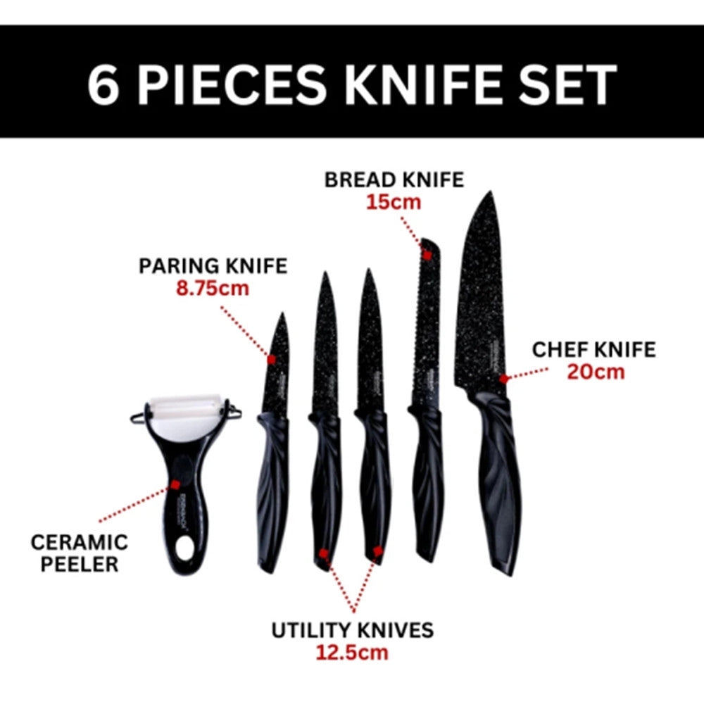 Trade Shop - Set Di Coltelli Rivestiti In Marmo Con Manici Ergonomici Antiscivolo 6 Pezzi Nero -
