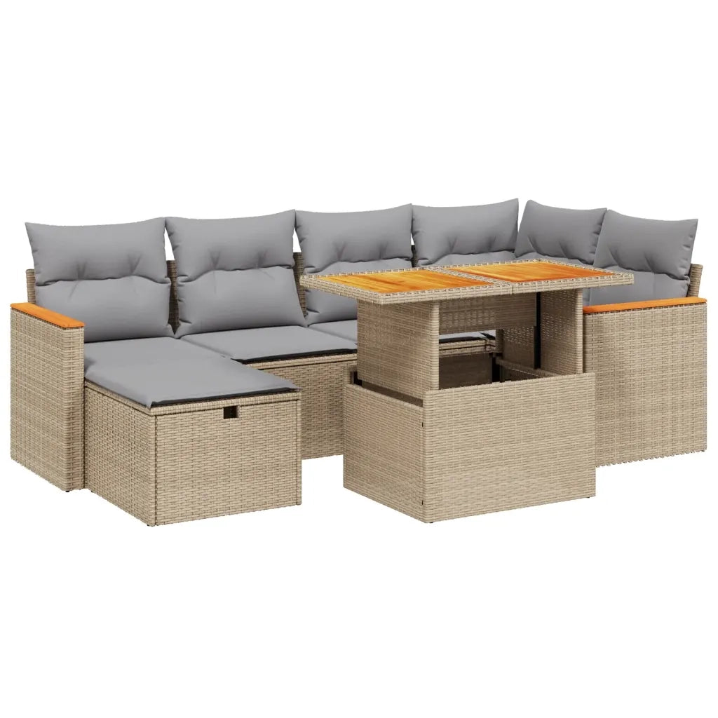 Set Divani da Giardino 7 pz con Cuscini Beige in Polyrattan