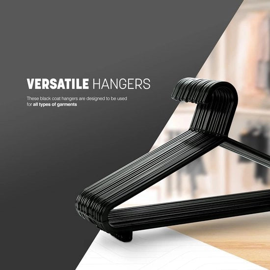 Hangers per adulti in plastica nera per abbigliamento con stanghetta e lacci (37,5 cm larghezza) (25pz)