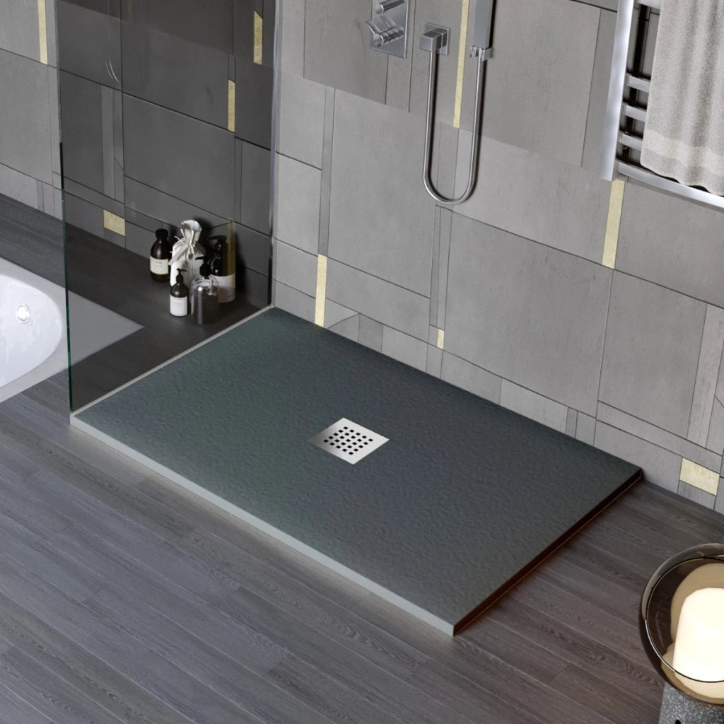 Piatto doccia in marmo resina effetto pietra con foro centrale grigio scuro chic, misura 75x130