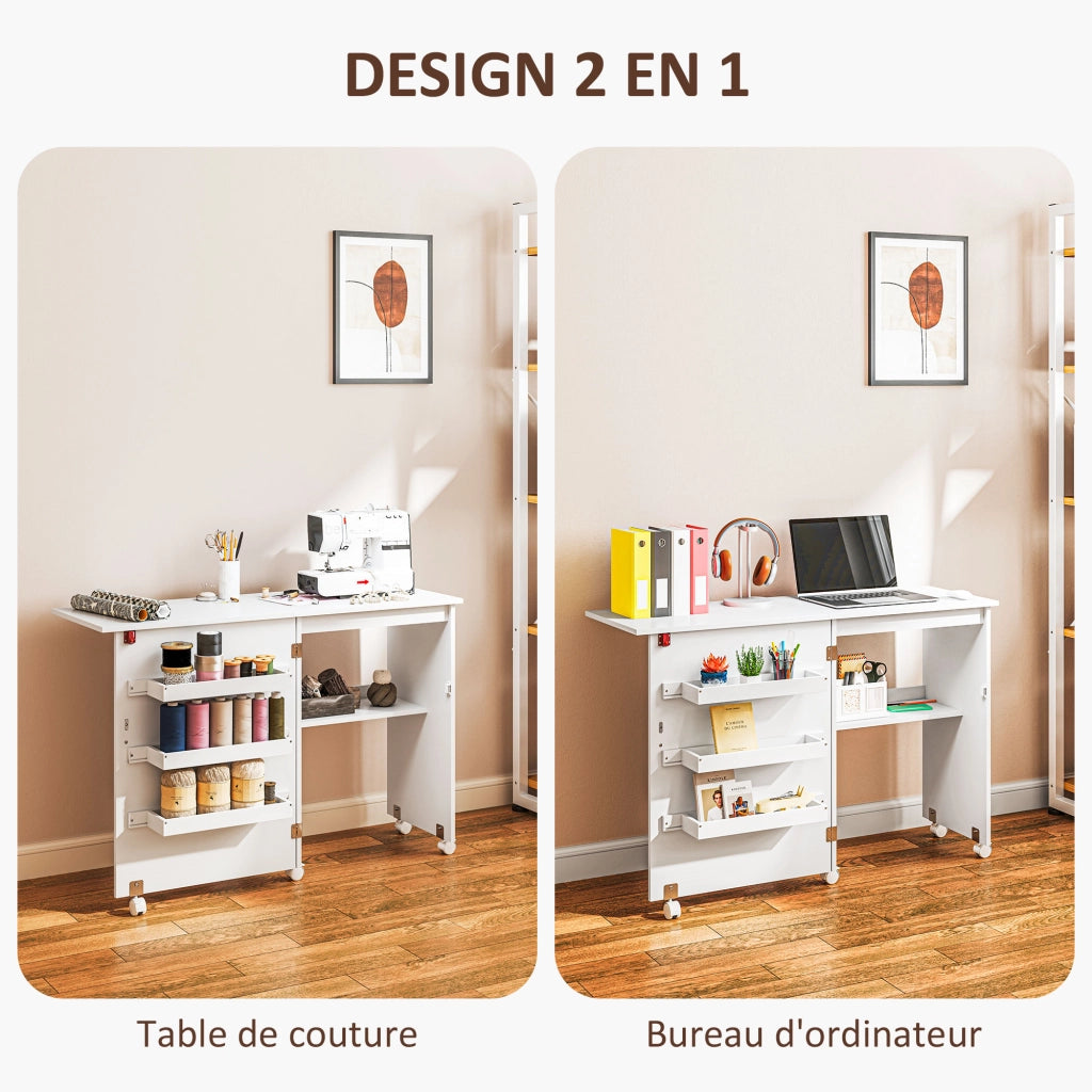 Tavolo da cucito pieghevole con ripiani e ruote ¨C Minimal ¨C bianco