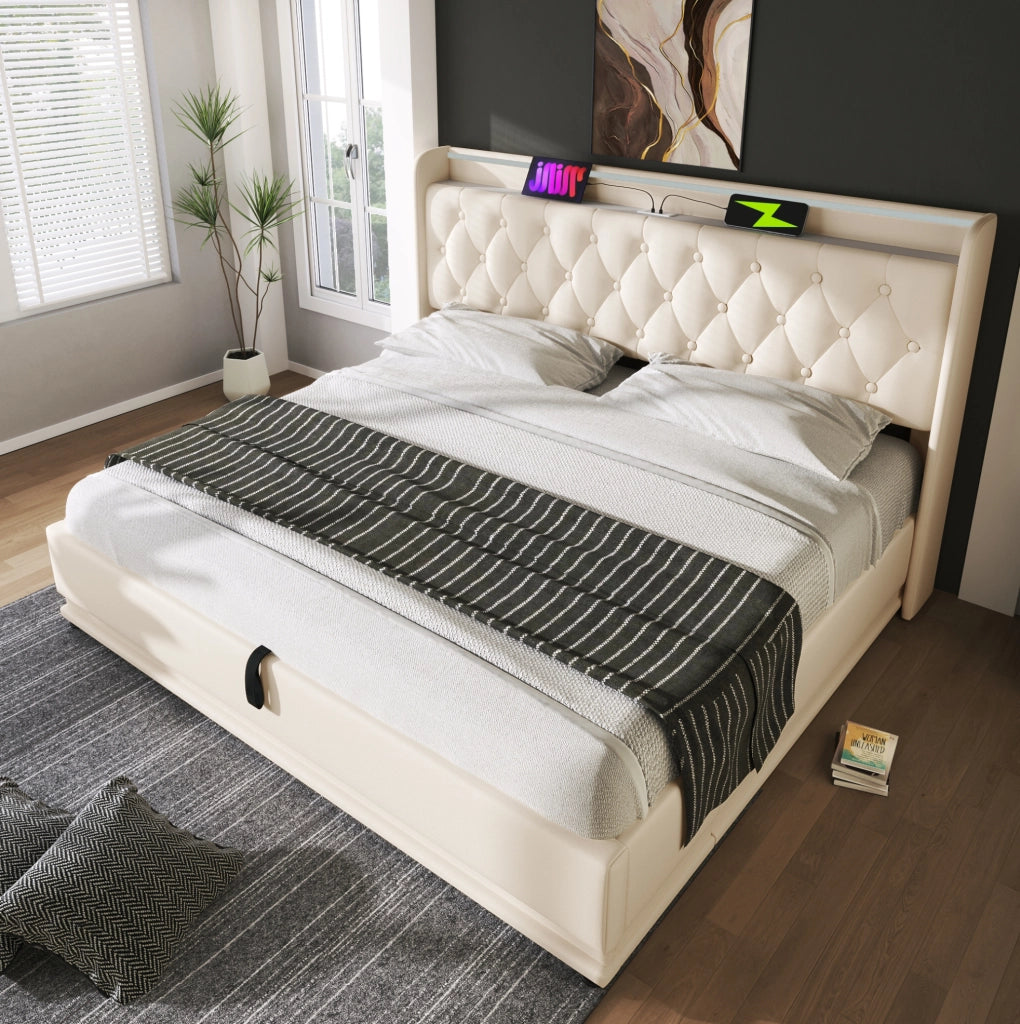 Letto matrimoniale 180x200 cm con contenitore; LED e porte USB e USB C; similpelle bianca