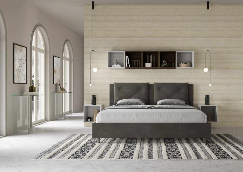 BS COM Letto matrimoniale king size senza rete imbottito 190x200 microfibra grigio