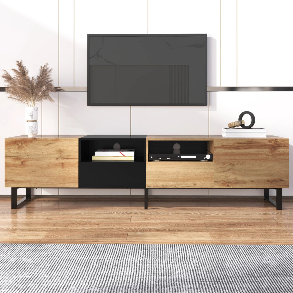 Cassettiera per TV in MDF color legno naturale e nero lunghezza 190 cm