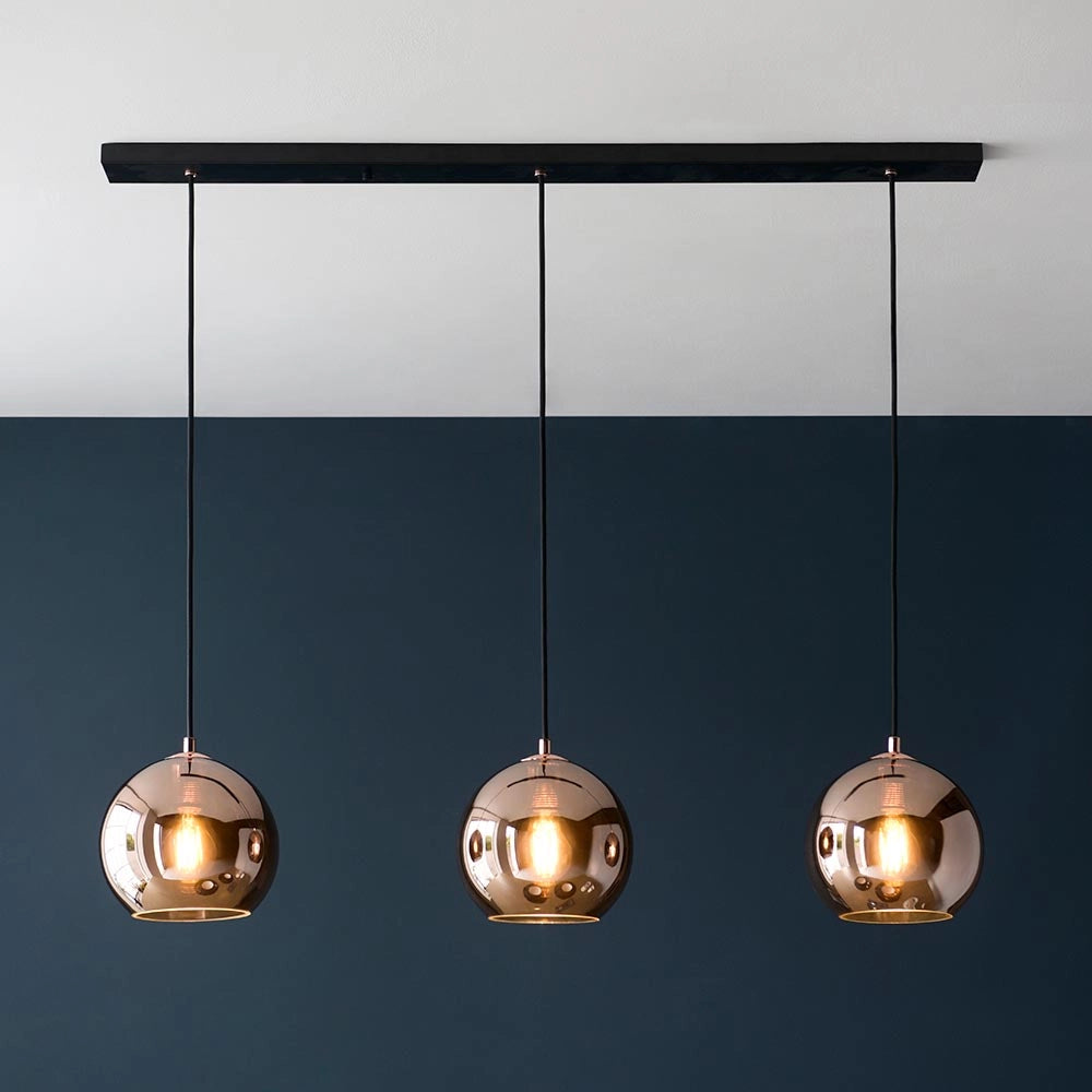 Lampada sospensione lineare rame vetro 3xE27 Endon Boli