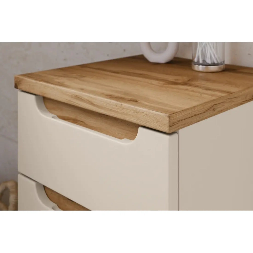 Set ERMANO cashmere e effetto quercia 150cm: mobile sottolavabo + lavabo da appoggio + mobili sospesi e da appoggio