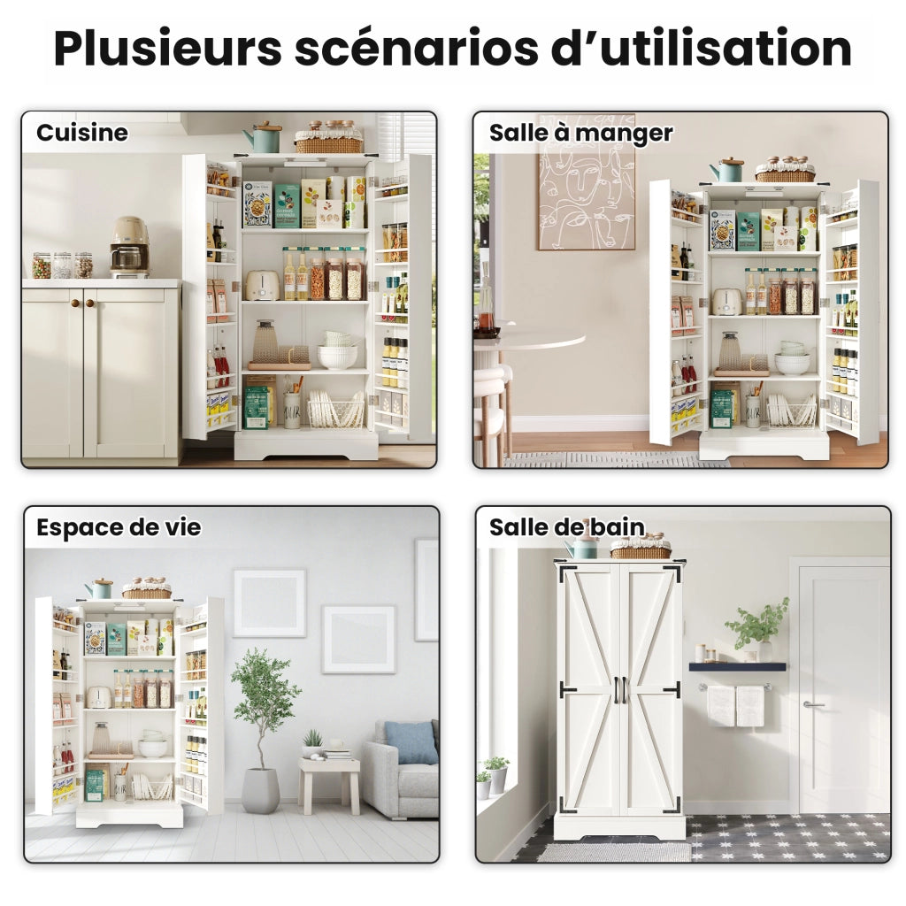 Credenza da cucina alta con 2 ante; ripiani regolabili e LED per cucina in MDF 60×35×128;5 cm Bianco