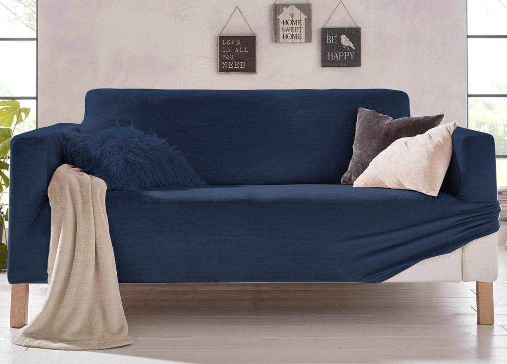 Copridivano Elasticizzato Effetto Velluto Modello Morbidissimo Colore Blu - 4 Posti - Blu