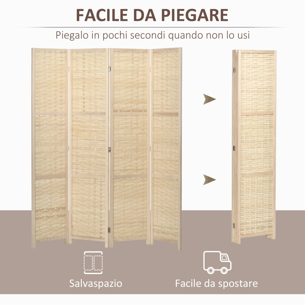 Paravento Separ¨¦ da Interno a 4 Ante in Legno e Bamb¨´, Pieghevole e Salvaspazio Altezza 170cm, Marrone