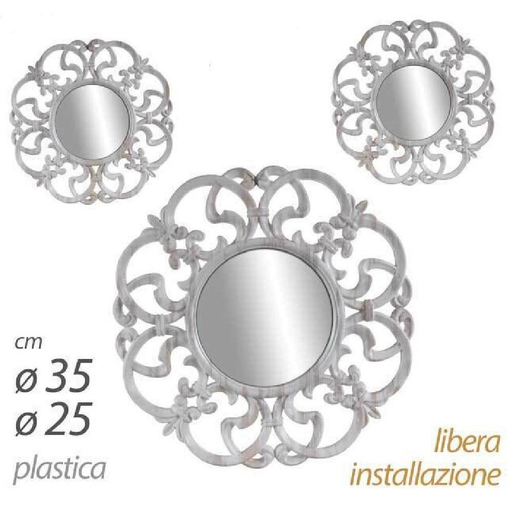 Trade Shop - Set 3 Specchi Parete Decorativi Anticati Bianco Specchio Plastica 25-35cm 836886 -