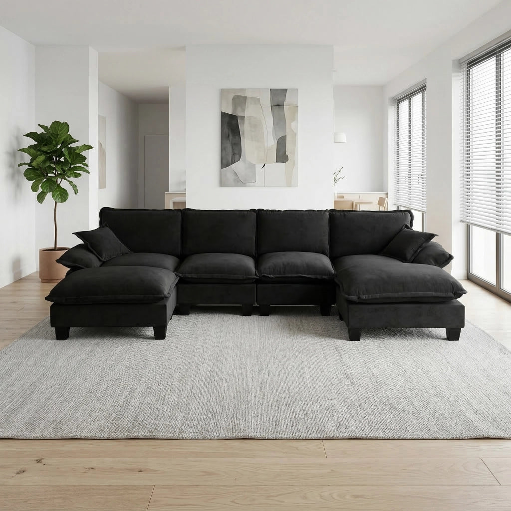 Divano Angolare Modulare 6 Posti ¨C MINIMAL ¨C Chenille Nero con Ottomane