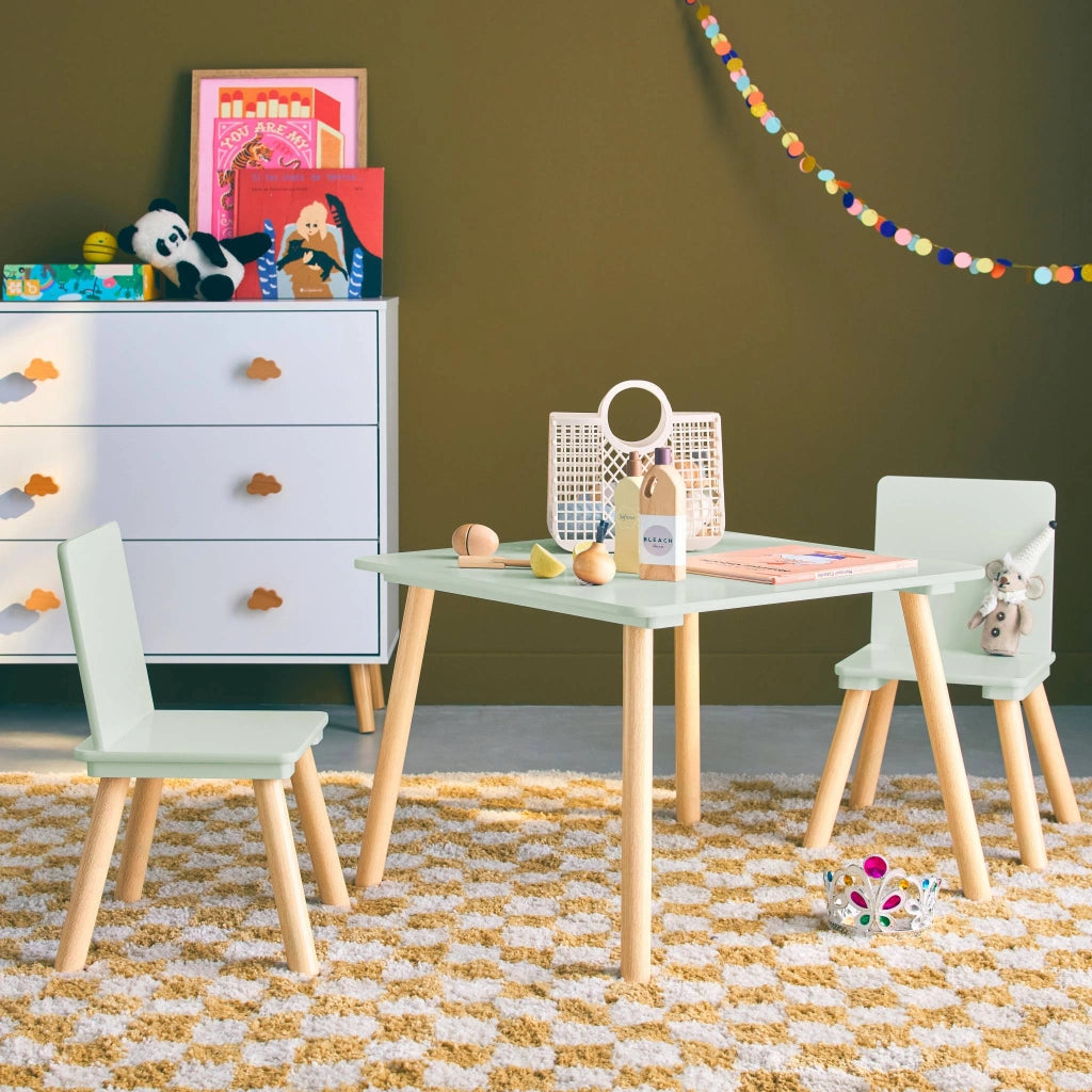 Tavolo quadrato per bambini con 2 sedie, verde