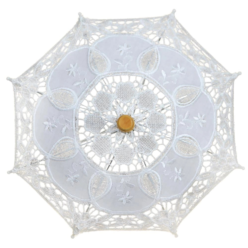10 Ombrellini Wedding in legno con tessuto ricamato in pizzo bianco 36 x h 32 cm