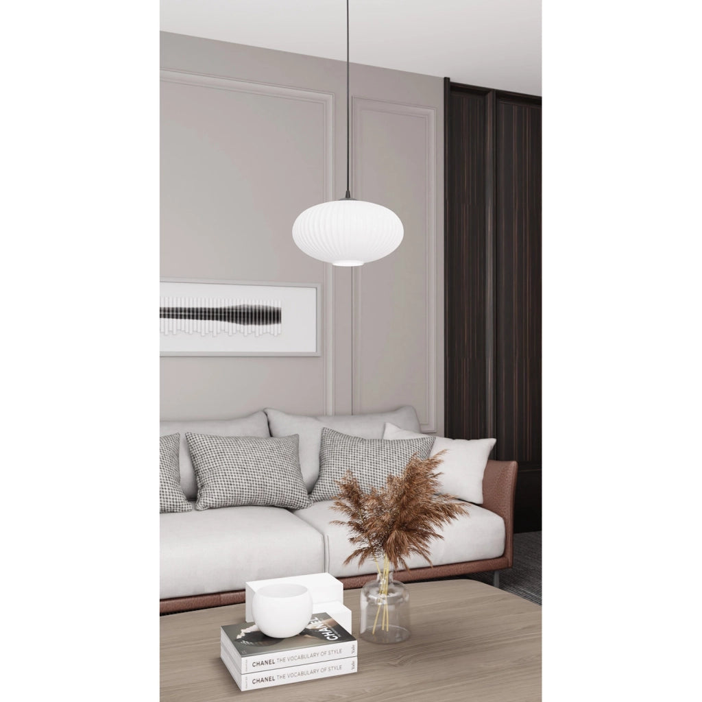 Sospensione 1 Luce Iris In Acciaio Nero Paralume Plissettato Bianco