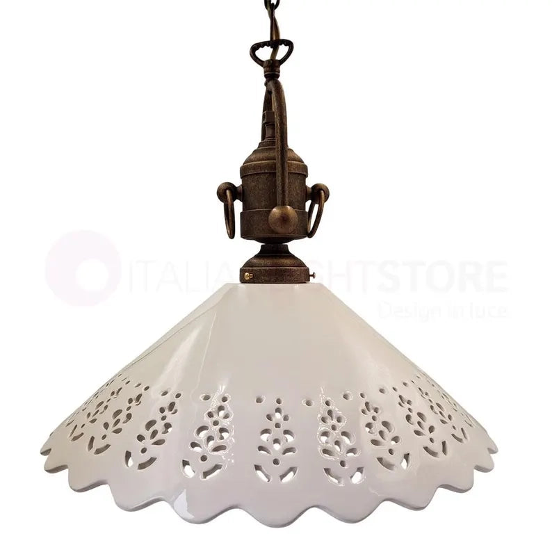 VOLTERRA Lampadario a Sospensione Ø40 in Ceramica Bianca Traforata e Ottone Anticato