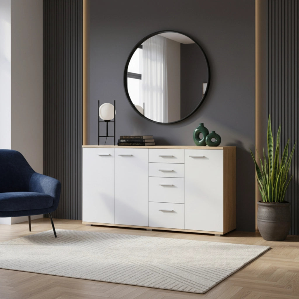 Commode FAUSKE - 4 Cassetti - 3 Ante - Quercia Sonoma - Bianco - Larghezza 138 cm, Altezza 74 cm, Profondit? 34 cm