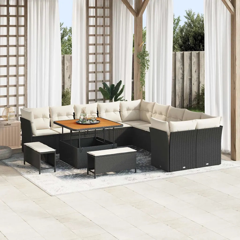 Set Divano da Giardino 13 pcs Nero e Crema polyrattan