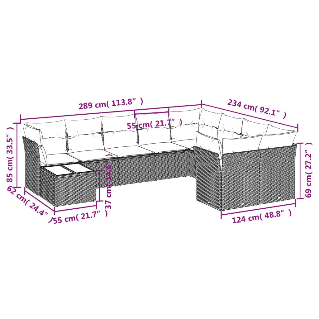 Set Divano da Giardino 10 pz con Cuscini Grigio in Polyrattan