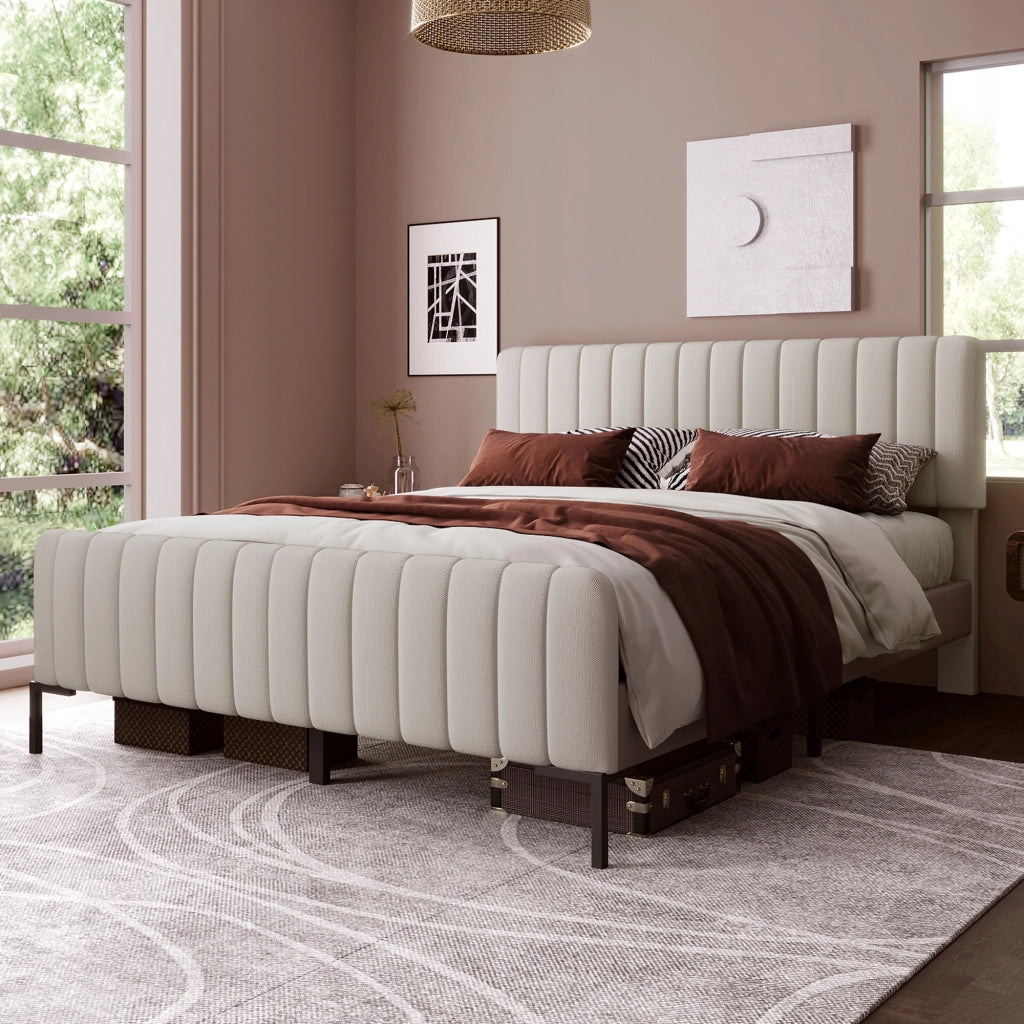 Letto imbottito matrimoniale - Xylo - 160x200 - Grigio-beige - Schienale regolabile