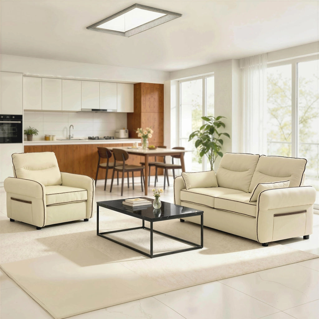 Divano 2 Posti in Similpelle Imbottito con Cuscini e Tasca Laterale ¨C Xylo ¨C Beige 136x81x90 cm