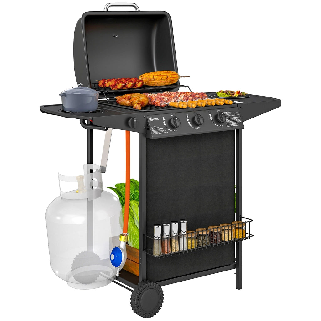 Barbecue a Gas 3 Bruciatori con Griglia e Termometro ¨C zephmum ¨C Nero 108x54x97 cm