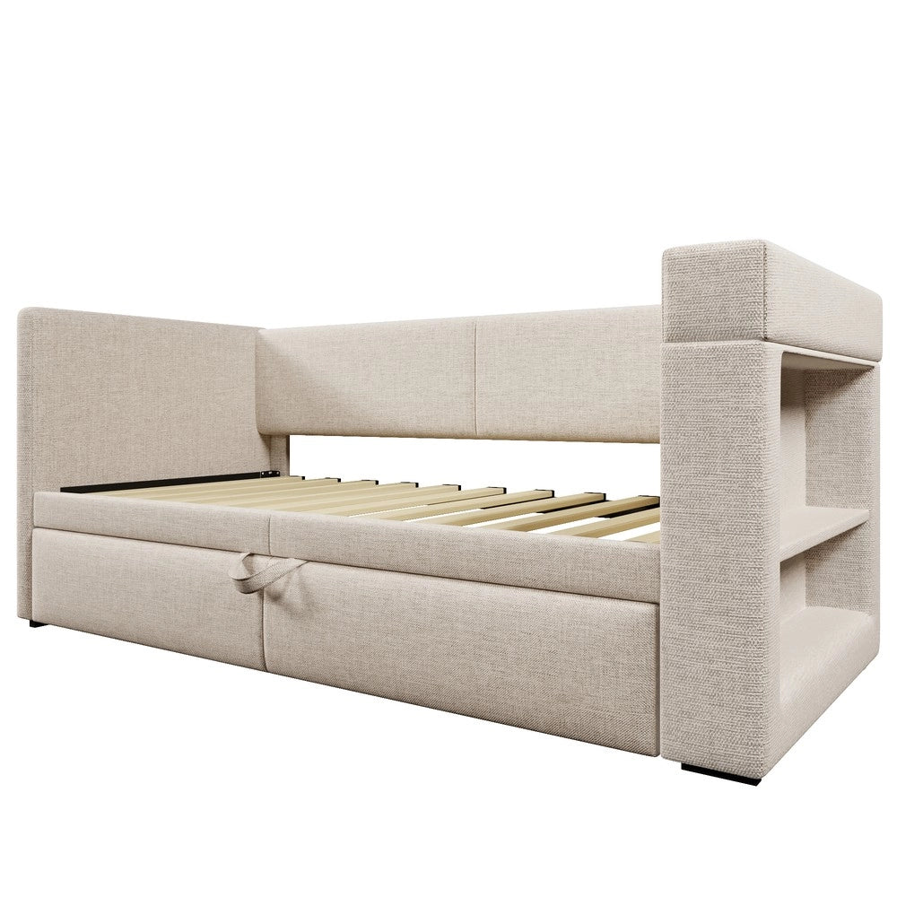Letto Singolo Imbottito con Rete Estraibile ¨C MINIMAL ¨C Tessuto Beige 90x200