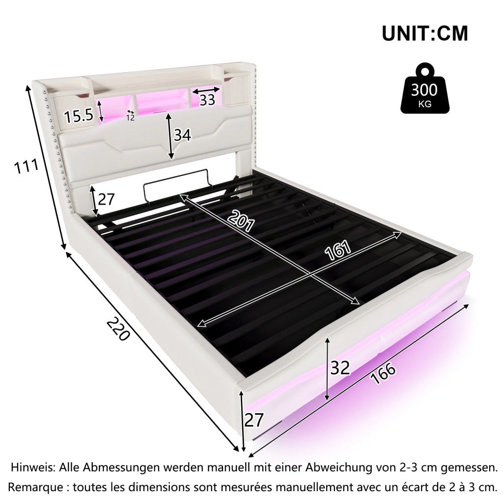 Letto Imbottito Contenitore con LED e USB ¨C MINIMAL ¨C 160x200, Beige, Idraulico
