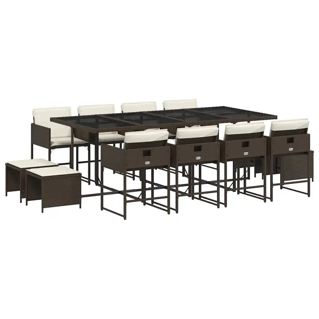 Set da Pranzo da Giardino 13pz con Cuscini Marrone Polyrattan
