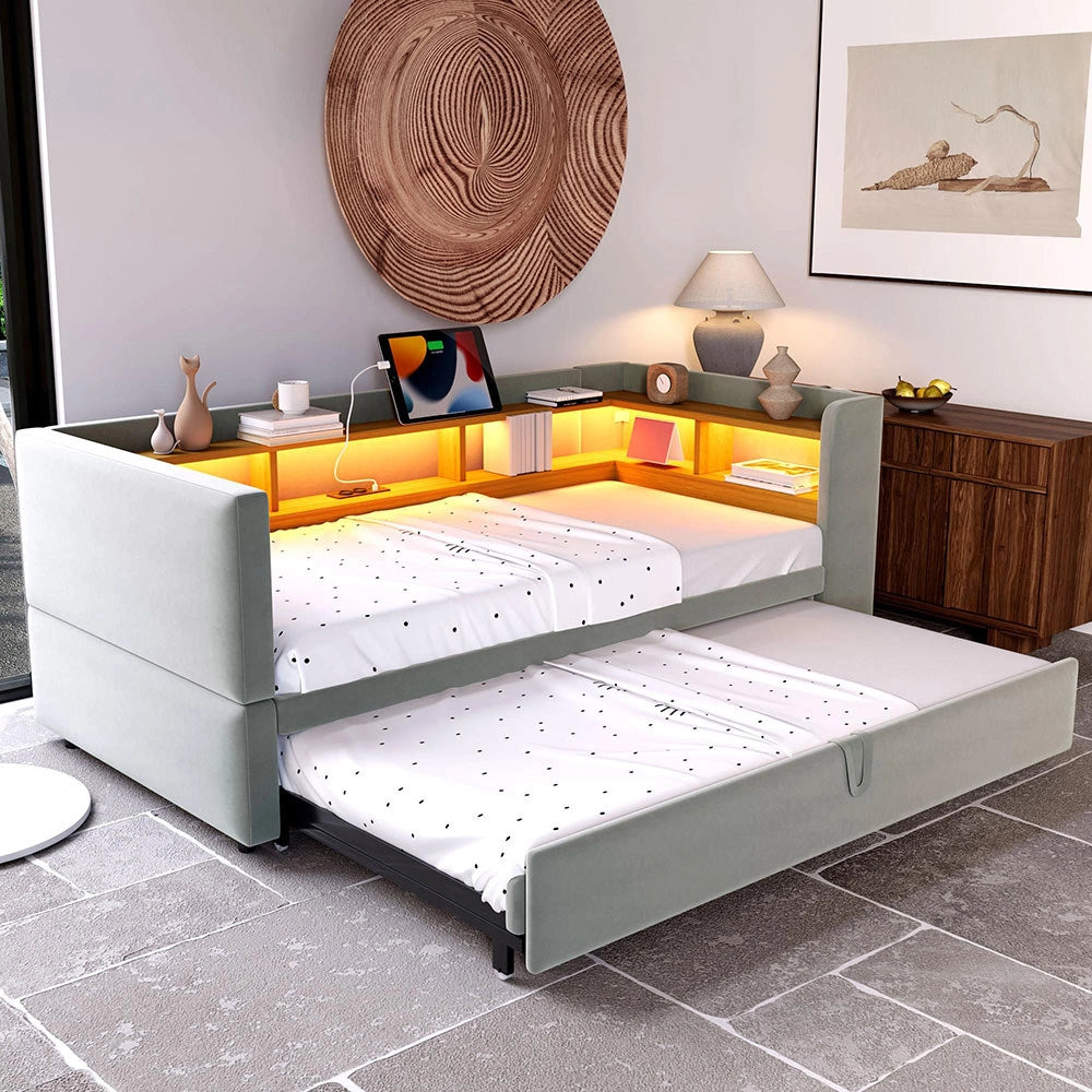 Divano letto - Xylo - 90/180x190 cm LED USB grigio chiaro