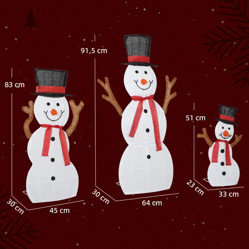 Famiglia di pupazzi di neve natalizi in 3 pezzi, decorazione per esterni, luci a LED, picchetti da terra, impermeabile, acciaio, poliestere, bianco